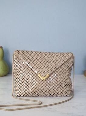 Beige Metallic Envelope Crossbody Bag with Gold Accent